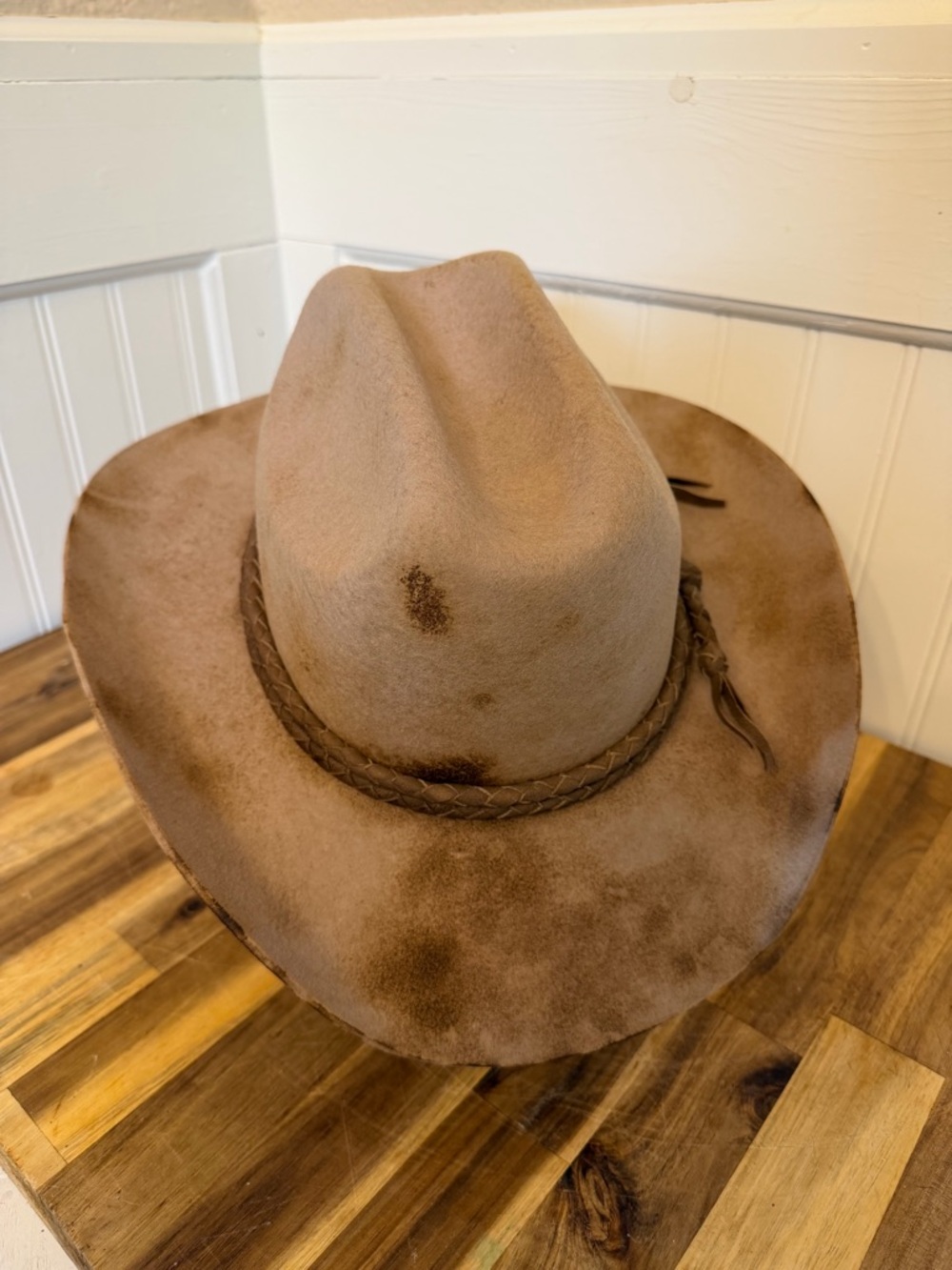Distressed Cowboy Hat | Brown Wool Felt | Braided Leather | Large 7 3/8